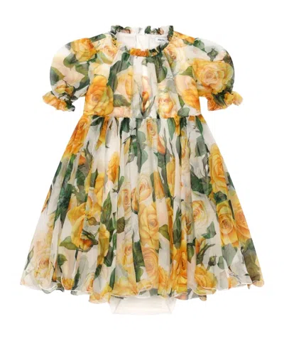 Dolce & Gabbana Babies' Rose-print Silk Dress In Nude
