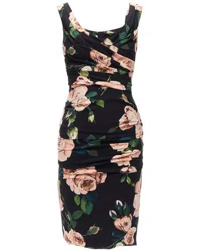 Pre-owned Dolce & Gabbana Rose Print Silk Lined Draped Mid Cocktail Dress, Size It, 38  (authentic Pre-loved)