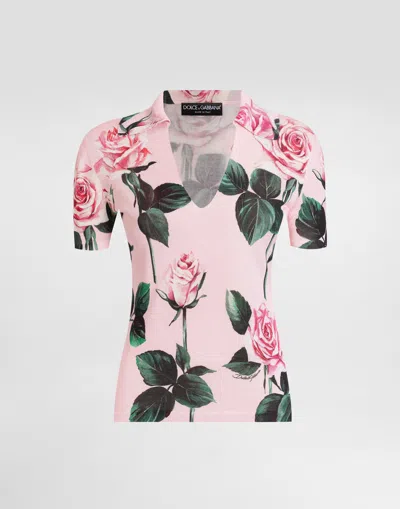 Dolce & Gabbana Rose-print Silk Sweater With Collar
