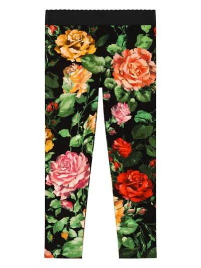Dolce & Gabbana Kids' Rose-print Slip-on Leggings In Black