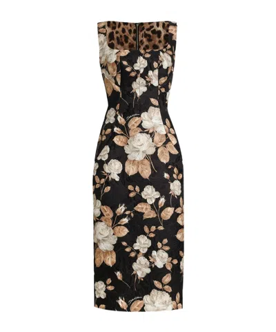 DOLCE & GABBANA ROSE-PRINT SQUARE-NECK MIDI DRESS