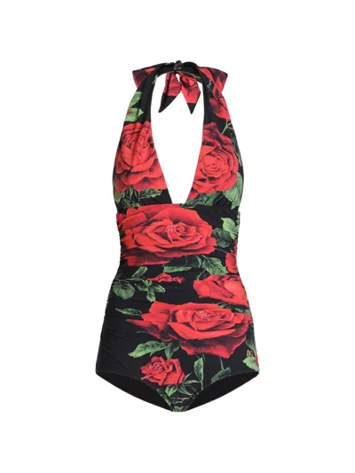 Dolce & Gabbana Rose Motif Halter Swimsuit Ruched Design In Multi