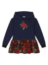 Dolce & Gabbana Rose-print Tartan Hoodie Dress In Blue