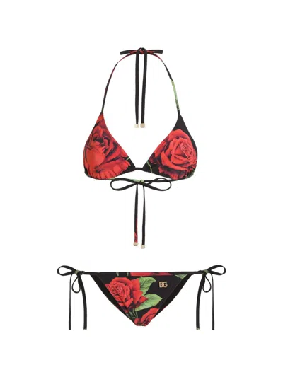 Dolce & Gabbana Rose Print Triangle Bikini In Black