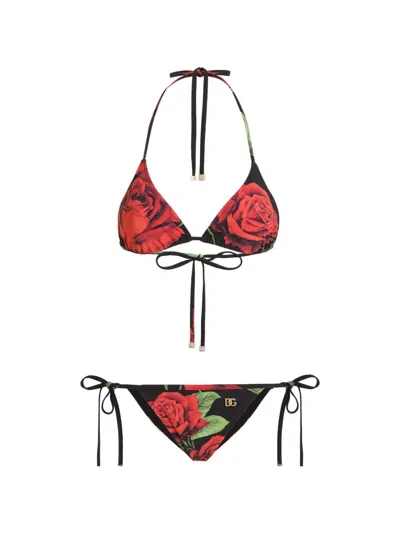 Dolce & Gabbana Rose Print Triangle Bikini Set In Black