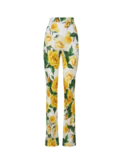 Dolce & Gabbana Rose Printed High Waist Trousers In Yellow, Green, White