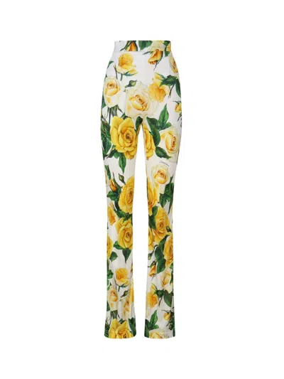 Dolce & Gabbana Rose Printed High Waist Trousers In White
