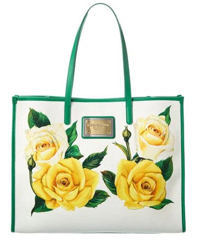 Dolce & Gabbana Rose Printed Large Cotton Tote In Yellow