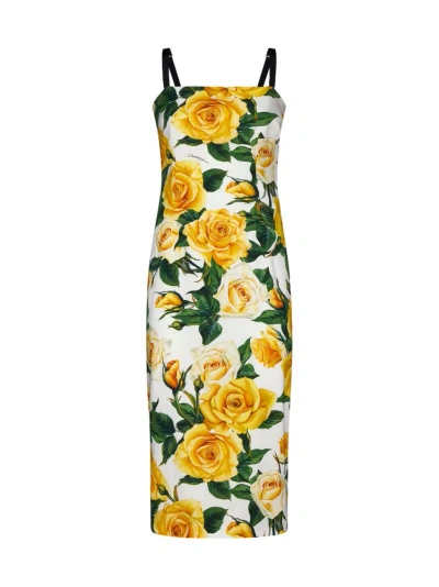 Dolce & Gabbana Rose Printed Square Neck Midi Dress In Multi