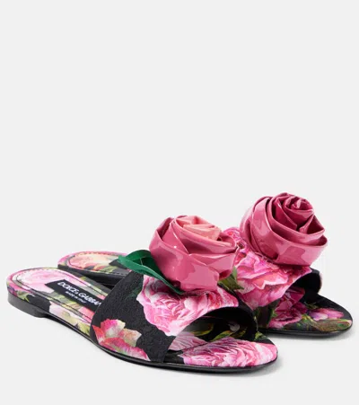Dolce & Gabbana Floral-appliqué Brocade Slides In Rose Rosa F.nero