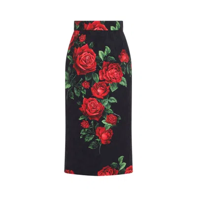 Dolce & Gabbana Rose Rosse Nero Midi Skirt In Black