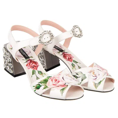 Pre-owned Dolce & Gabbana Rose Sandals Pumps Keira With Crystal Heel Silver White 09450