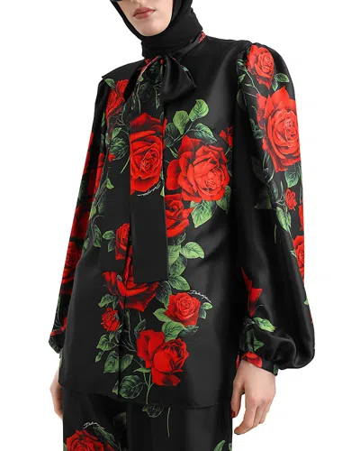 Dolce & Gabbana Rose Silk Tie Neck Blouse In Multicolor