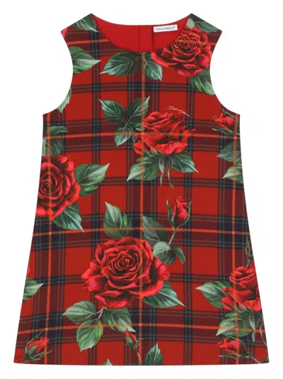 Dolce & Gabbana Kids' Sleeveless Dress With Tartan And Rose Print In Red