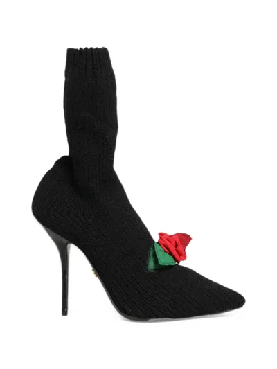 Dolce & Gabbana Rose-appliqué Ribbed-knit Ankle Boots In Black