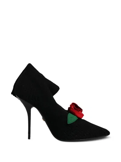 Dolce & Gabbana Rose-appliqué Ribbed-knit Boots In Black