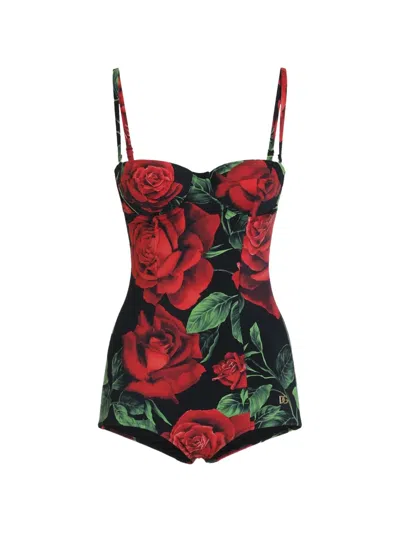 Dolce & Gabbana Rose-print Balconette One-piece Swimsuit In Red