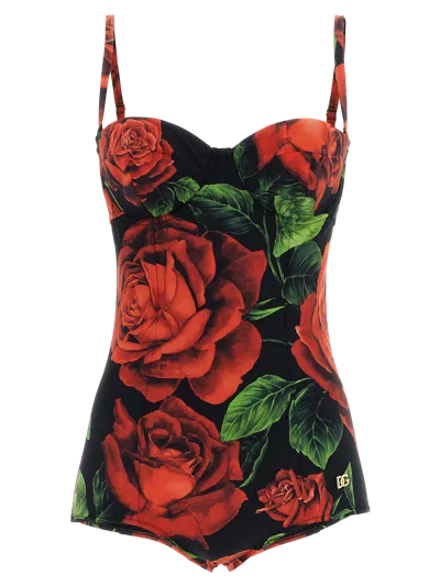 Dolce & Gabbana Rose-print Balcony One-piece Swimsuit In Black