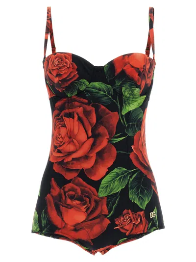 Dolce & Gabbana Rose-print Balcony One-piece Swimsuit In Black