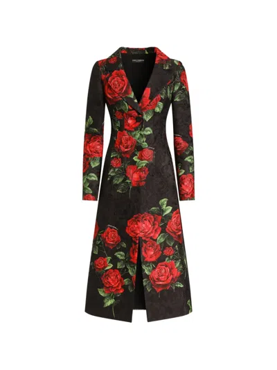 Dolce & Gabbana Rose-print Brocade Coat In Black