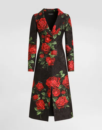 Dolce & Gabbana Rose-print Brocade Coat In Black