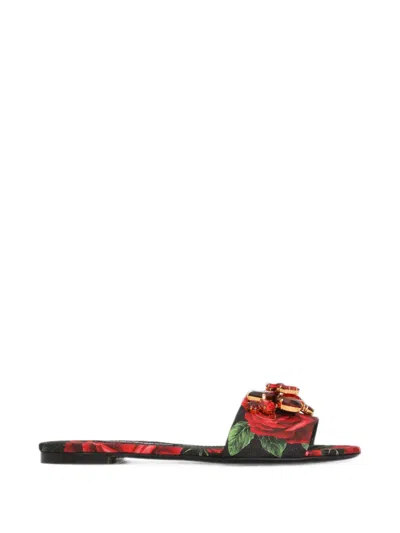 Dolce & Gabbana Rose-print Brocade Flat Slides In Multi