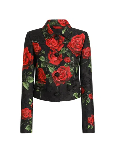 Dolce & Gabbana Rose-print Brocade Jacket With Jewel Buttons In Black