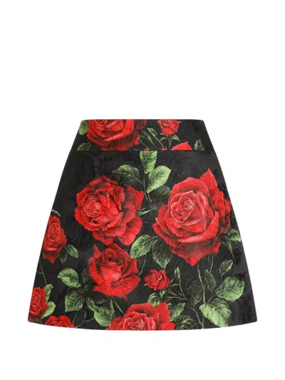 Dolce & Gabbana Rose-print Brocade Skirt In Black