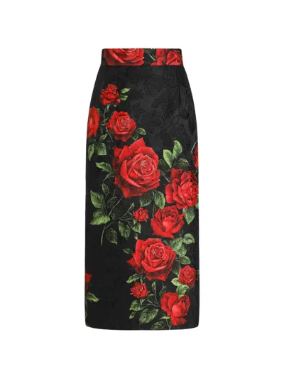 Dolce & Gabbana Rose-print Brocade Skirt In Black