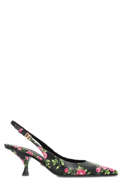 Dolce & Gabbana Rose-print Calfskin Slingback Lollo Heels With 6 Cm Stiletto In Multi