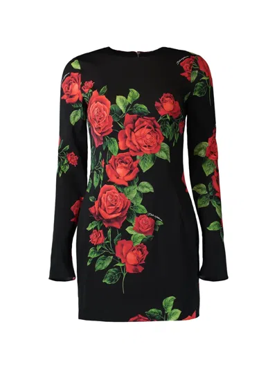 Dolce & Gabbana Rose-print Charmeuse Dress In Black