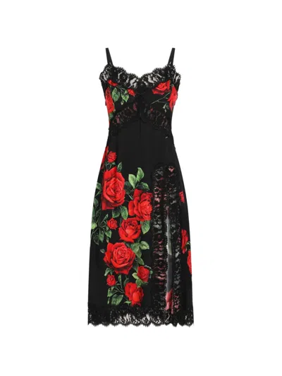 Dolce & Gabbana Rose-print Charmeuse Midi Dress In Black