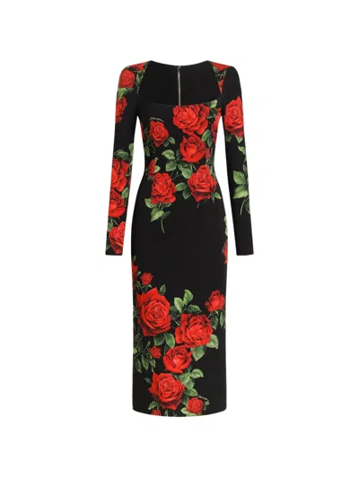 Dolce & Gabbana Rose-print Charmeuse Midi Dress In Multi