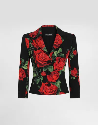 Dolce & Gabbana Rose-print Charmeuse Single-breasted Jacket In Black