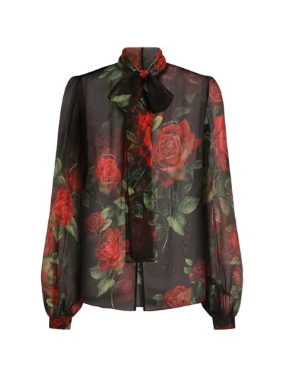 Dolce & Gabbana Silk Floral-print Tie-neck Long-sleeve Blouse In Multi