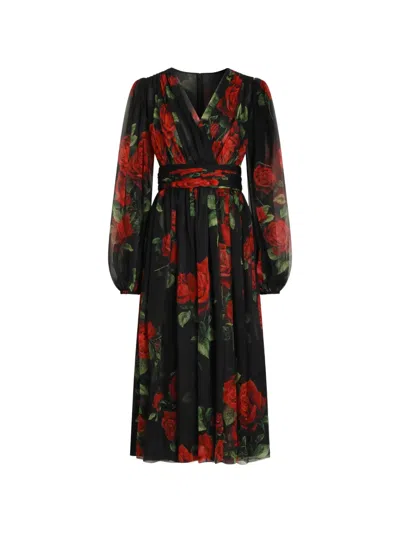 Dolce & Gabbana Rose-print Chiffon Midi Dress In Multi