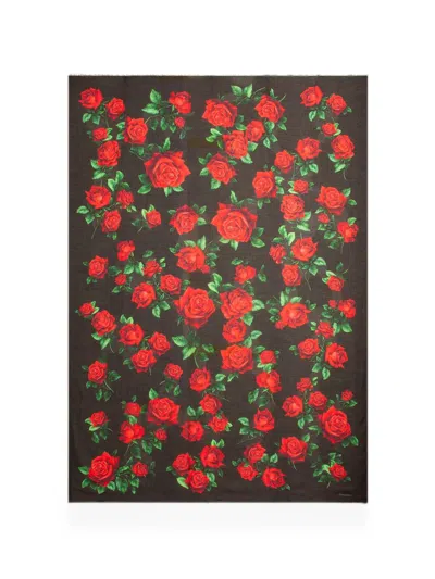 Dolce & Gabbana Rose-print Frayed Scarf In Brown