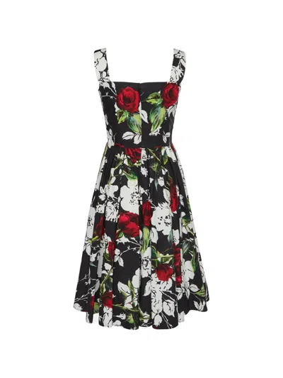 Pre-owned Dolce & Gabbana Rose-print Gathered Midi Dress In Black