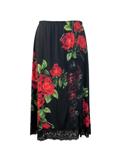 Dolce & Gabbana Rose-print Lace-trim Skirt In Black