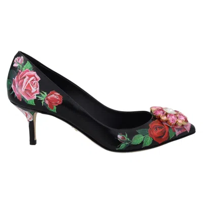 Dolce & Gabbana Rose-print Leather Heel In Black