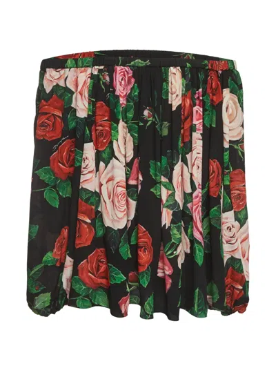 Pre-owned Dolce & Gabbana Rose-print Off-shoulder Blouse In Black