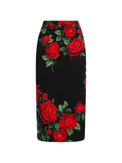 Dolce & Gabbana Rose-print Pencil Midi Skirt In Black
