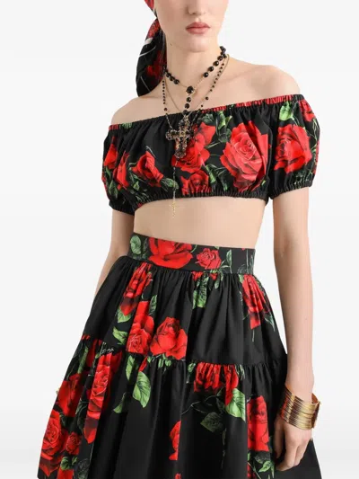 Dolce & Gabbana Rose-print Poplin Blouse In Burgundy