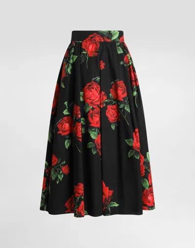 Dolce & Gabbana Rose-print Poplin Pleated Skirt In Multicolor
