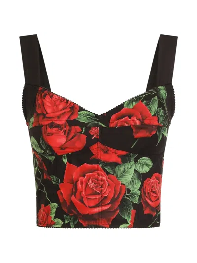 Dolce & Gabbana Rose-print Poplin Top In Black
