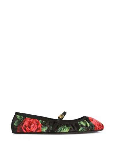 Dolce & Gabbana Rose-print Satin Ballet Flats In Black