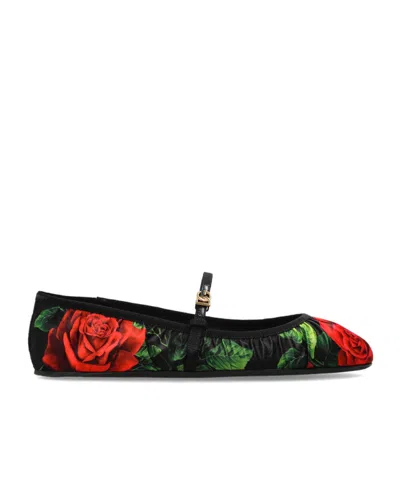 Dolce & Gabbana Rose-print Satin Ballet Flats In Black
