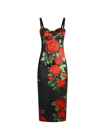 Dolce & Gabbana Rose-print Satin Midi Dress In Multi