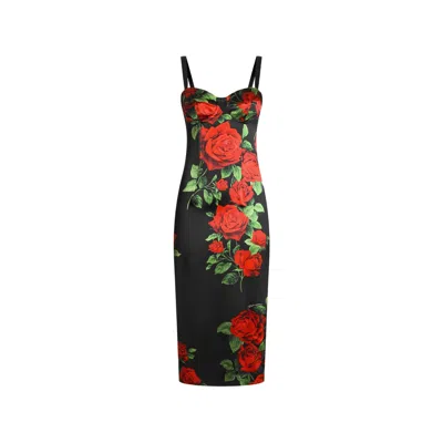 Dolce & Gabbana Rose-print Satin Midi Dress In Black/red