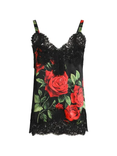Dolce & Gabbana Rose-print Satin Top In Black